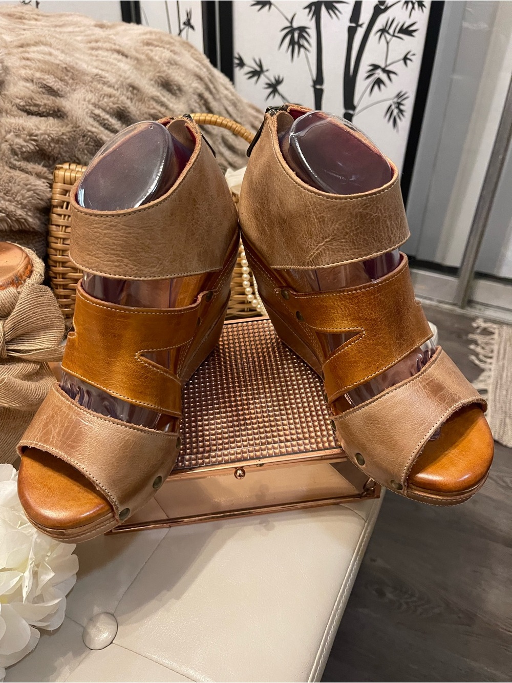 Bed Stu Jacey II Leather Wedge Sandals In Oat Pecan Rustic